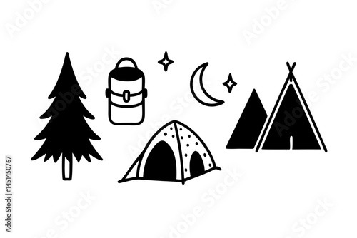 Camping Adventure Icons Set Dome Tent Teepee Backpack Pine Tree Night Sky Stars Moon