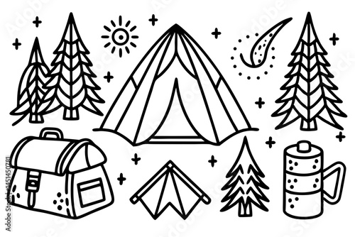 Camping Adventure Line Art Illustration Set Featuring Tent Trees Backpack and More