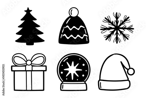Hand Drawn Black and White Christmas Icons Set Winter Holidays