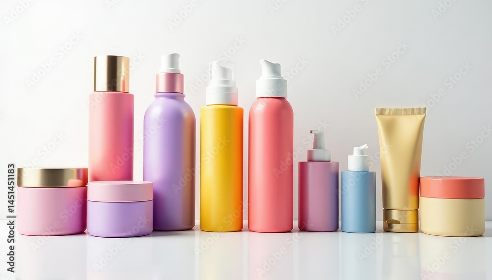 Group of diverse cosmetic containers on white, promotion, wellness, variety Group of diverse cosmetic containers on white, promotion, wellness, variety