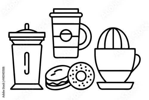 Line Art Illustration of Coffee Cup Smoothie Bagels and Citrus Juicer