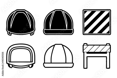Construction Safety Icons Set Hard Hats and Road Barriers Black and White Illustrations