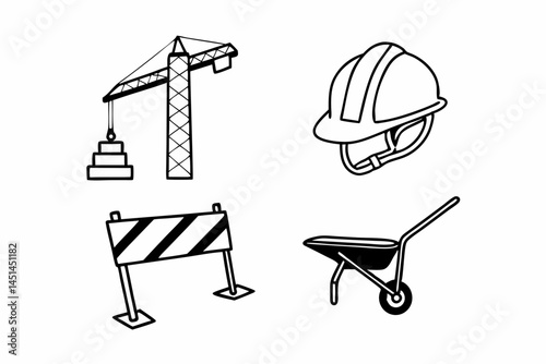 Construction Site Icons Set Crane, Hard Hat, Barricade, Wheelbarrow