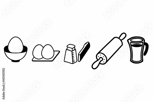 Simple Line Art Illustration of Baking Ingredients and Tools Eggs Milk Rolling Pin Measuring Cup