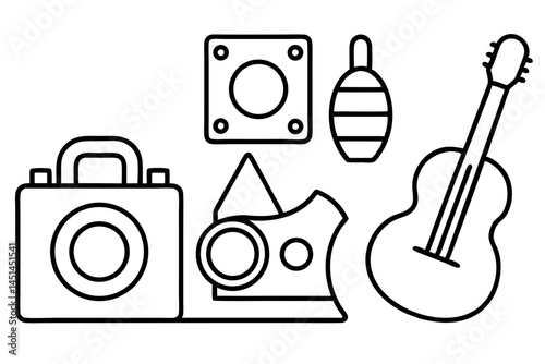 Collection of Simple Line Drawings of Musical Instruments and Objects