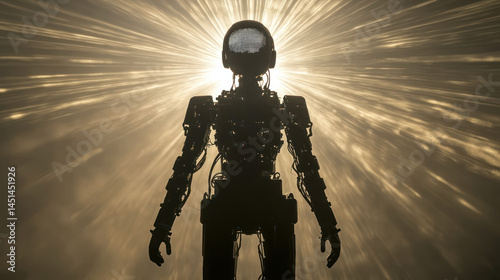 A silhouette of humanoid robot with illuminated head standing against radiant light beams, creating futuristic and mysterious atmosphere