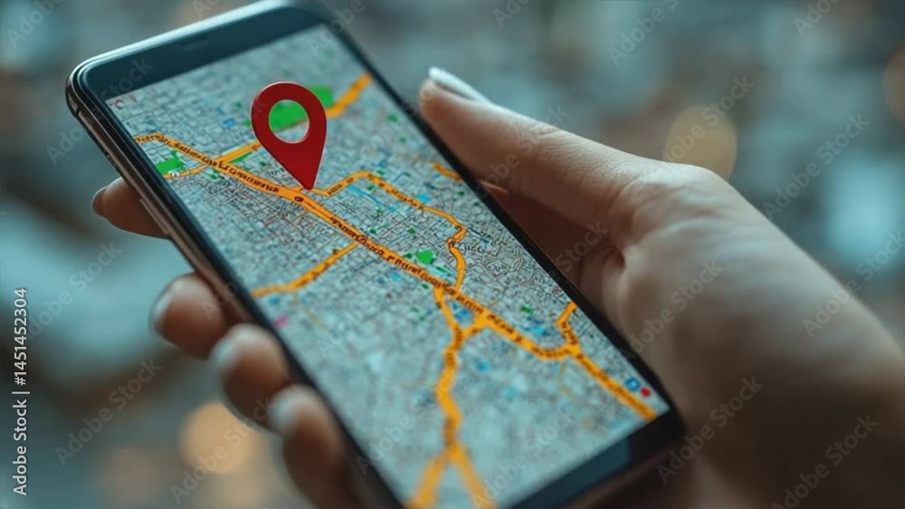 Digital Navigation: A person's hand delicately cradles a smartphone, the screen alight with a digital map pinpointing a location, offering insights into navigation and exploration.