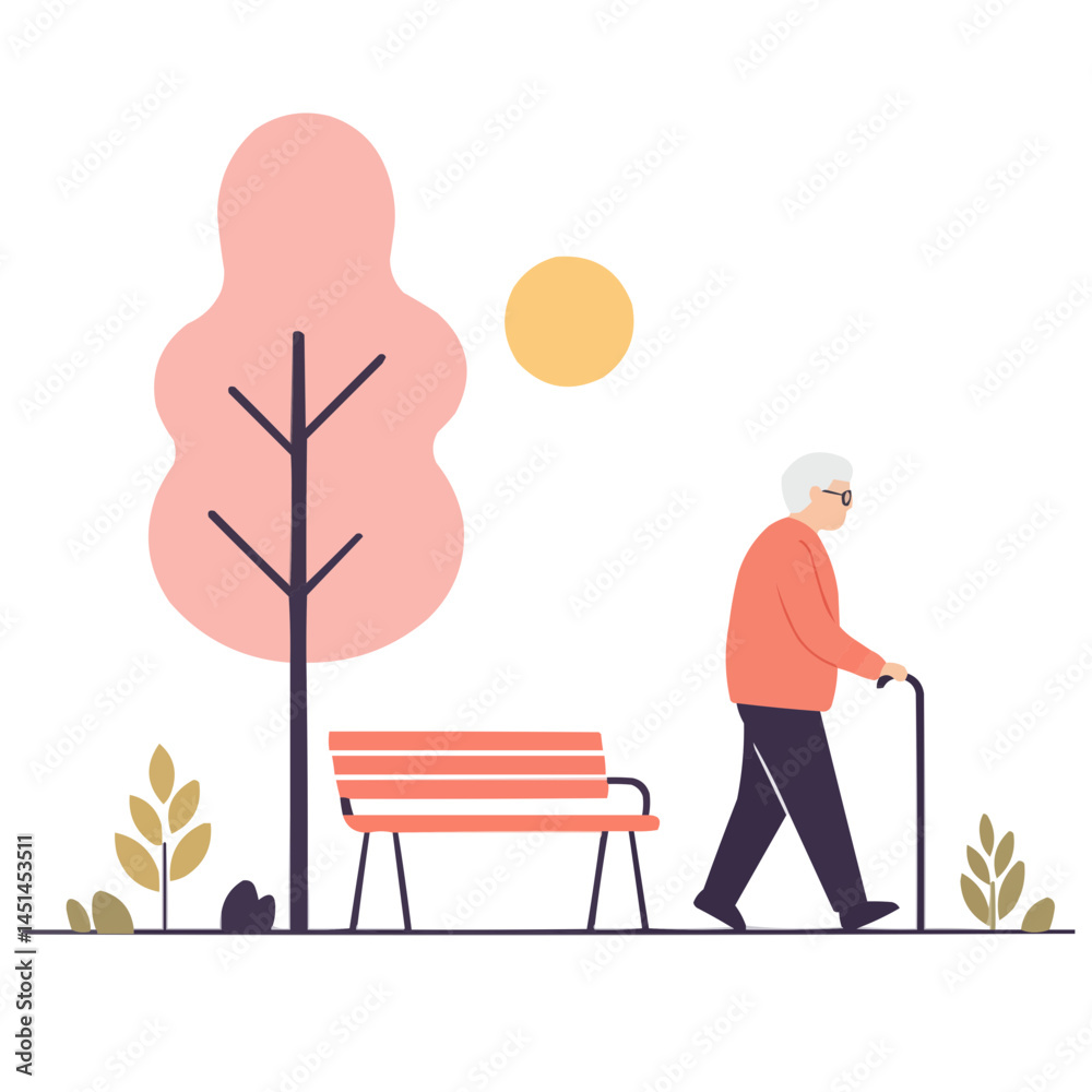 Retiree walking in park - cheerful senior strolling through autumn park enjoying golden foliage and last warm sun rays.