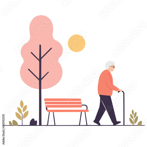 Retiree walking in park - cheerful senior strolling through autumn park enjoying golden foliage and last warm sun rays.