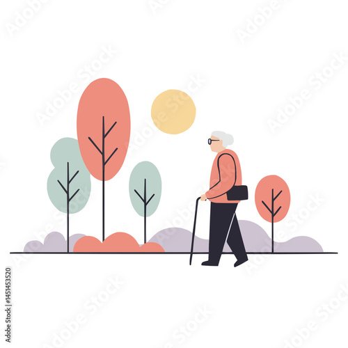 Retiree walking in park - cheerful senior strolling through autumn park enjoying golden foliage and last warm sun rays.