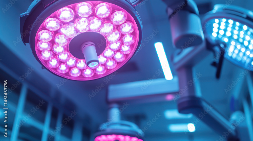 Fototapeta premium A surgical operating room lights glowing pink and blue with robotic arms in futuristic medical environment creating high tech atmosphere