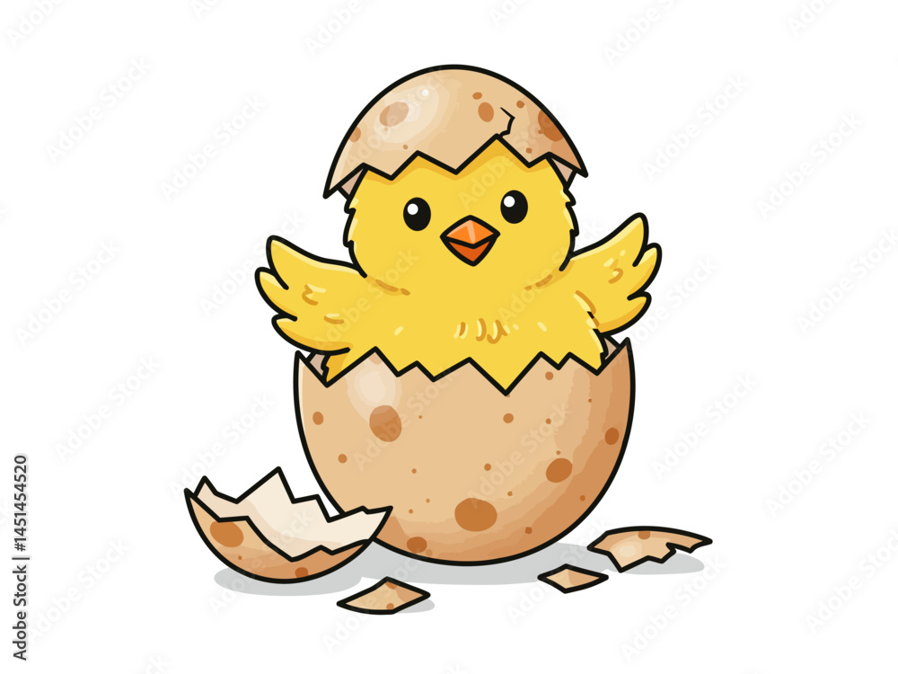 Fototapeta premium A Cheerful Cartoon Illustration Depicts A Bright Yellow Chick Joyfully Emerging From A Cracked Eggshell Its Little Wings Spread Wide In A Welcoming Gesture In Digital Art Style