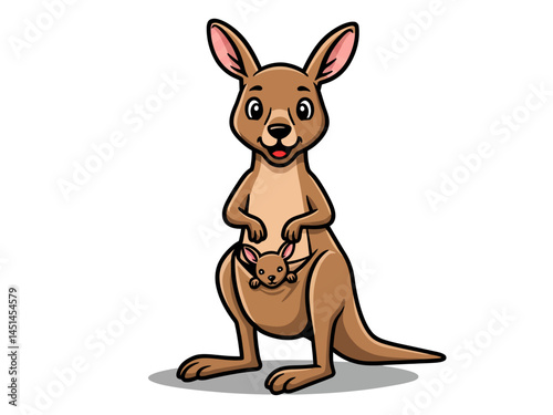 A Charming Cartoon Kangaroo Vector Image Showcases A Mother Kangaroo With A Joey Nestled Securely In Her Pouch Rendered In A Playful And Appealing Style For Childrens Illustrations