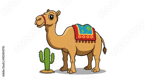 A Charming Vector Illustration Presents A Light Brown Cartoon Camel Adorned With A Vibrant Saddle And Bridle Standing Beside A Green Cactus In A Desert Setting Evoking A Playful And Whimsical Mood