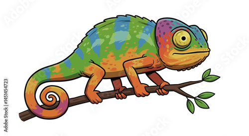 A Cartoon Chameleon With Colorful Skin And Big Eyes Rests On A Twig Looking A Bit Grumpy As It Blends Into The Vibrant Colors And Bright Vector Illustration Style Of The Nature Scene Its In