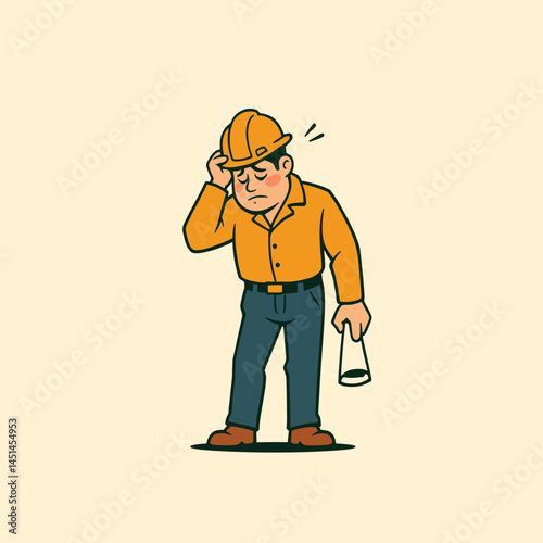 Mascot of Strong construction worker cartoon. Engineer, failure.