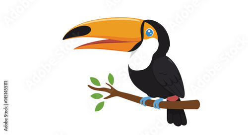 A Cheerful Toucan Perches Gracefully On A Branch Adorned With Lush Green Leaves Showcasing Its Vibrant Orange Beak Against A Clean White Background In A Stylized Vector Art Illustration