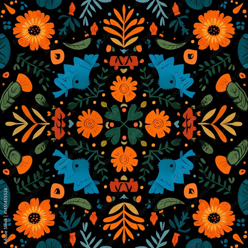 Colorful floral pattern featuring various flowers and leaves on a dark background.