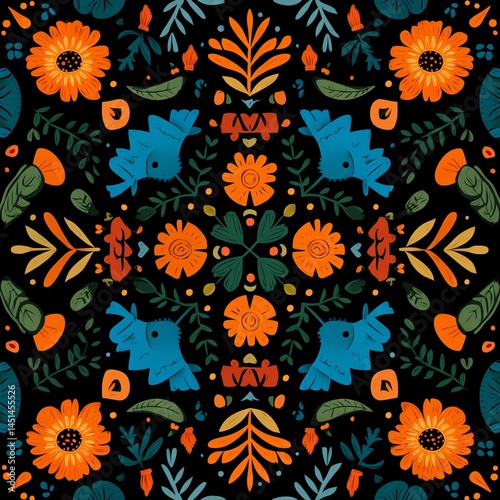 Obraz na płótnie Colorful floral pattern featuring various flowers and leaves on a dark background. w salonie
