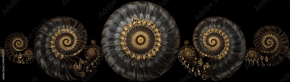 Colorful spiral shells, intricate details, isolated on a black background.