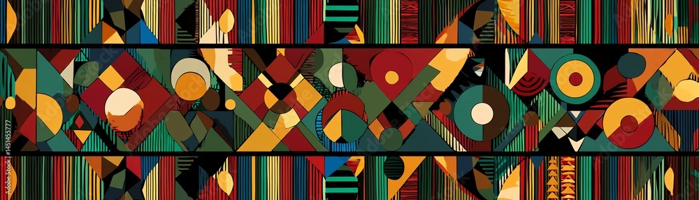Colorful geometric pattern with vibrant shapes and stripes on a dark background.
