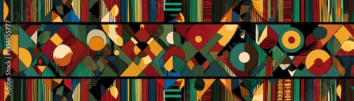 Obraz na płótnie Colorful geometric pattern with vibrant shapes and stripes on a dark background. w salonie