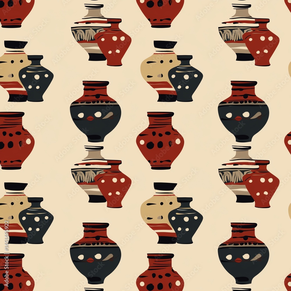 Colorful pattern of decorative pottery vases against a neutral backdrop.