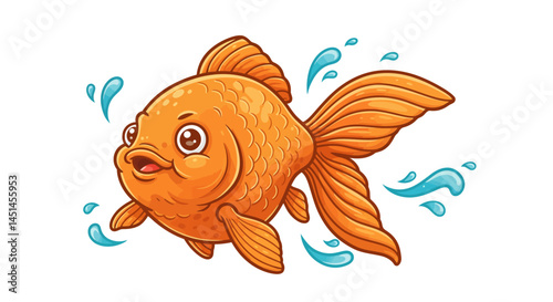 A Cheerful Goldfish Character Swims Happily Depicted In A Bright Clean Vector Illustration With Stylized Water Droplets That Add A Dynamic Sense Of Movement And Playful Underwater Joy