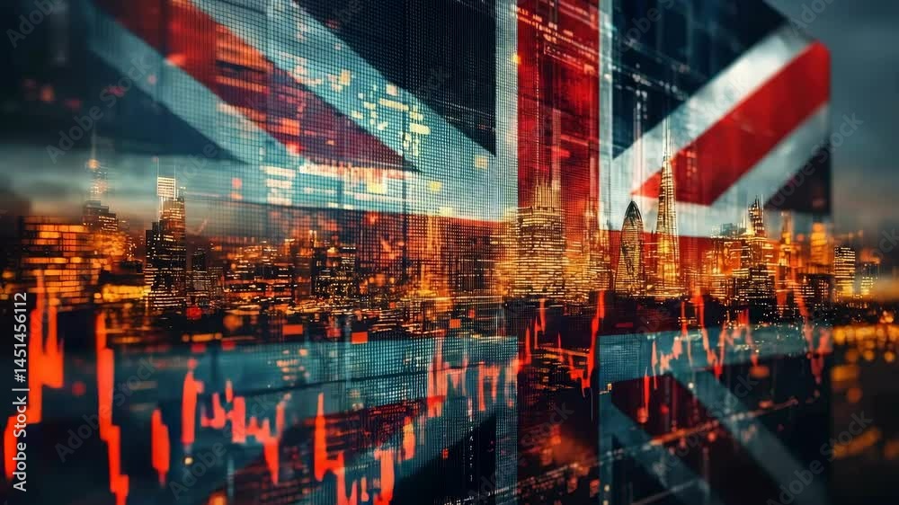 Double exposure of the United Kingdom flag blended with cryptocurrency charts showing rises and falls, symbolizing dynamic crypto market trends in the UK with a modern financial theme.