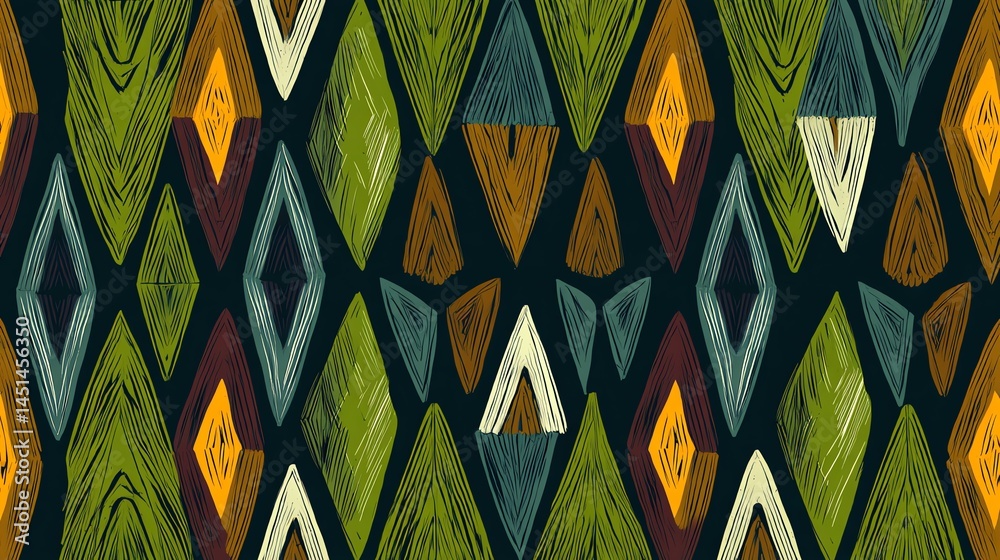 Colorful geometric pattern with diamond shapes in shades of green and brown.