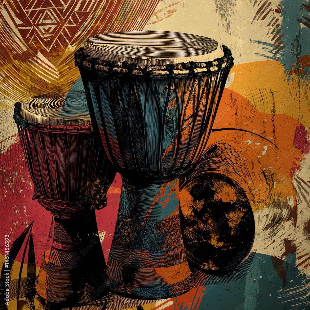 Colorful hand-painted drums against a vibrant artistic background.