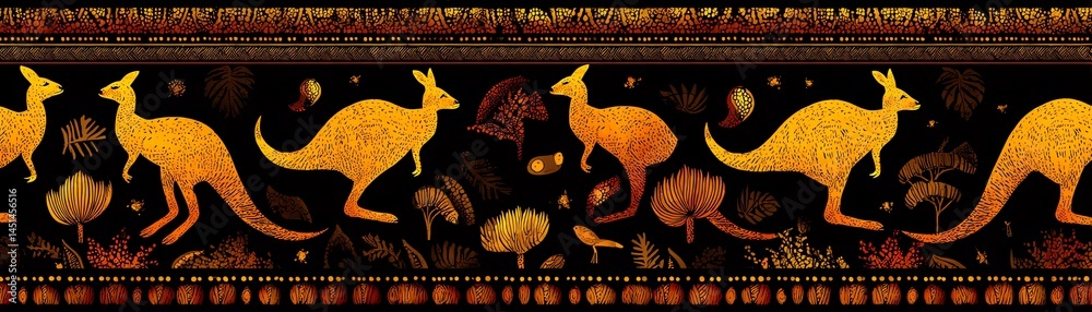 Colorful kangaroo pattern on black background, ideal for decorative use.