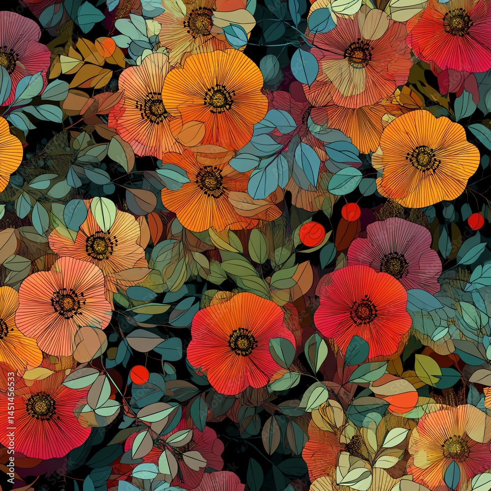 Colorful floral pattern with vibrant blossoms and leaves on a dark background.