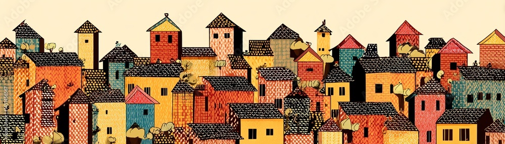Colorful, artistic representation of urban buildings with varied architecture.