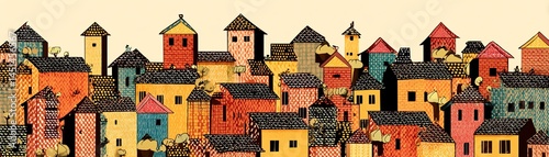 Obraz na płótnie Colorful, artistic representation of urban buildings with varied architecture. w salonie