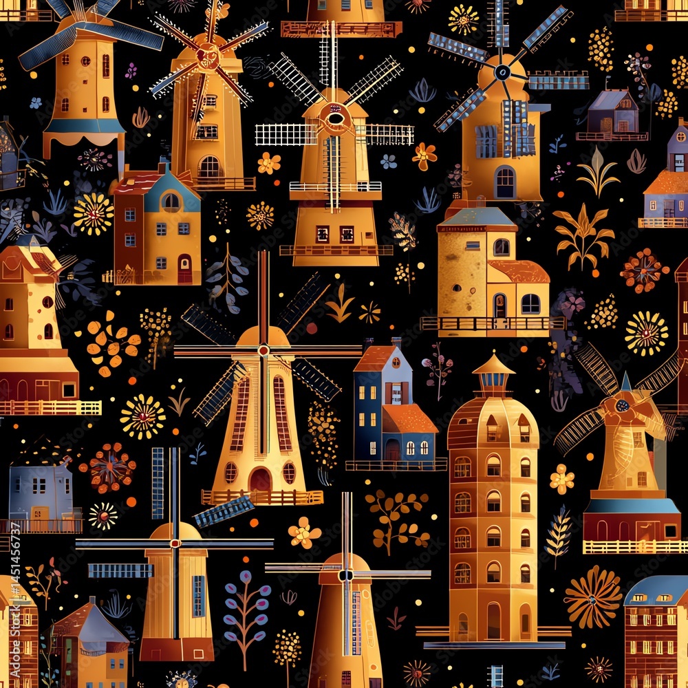 Colorful pattern of windmills and houses on a black background.