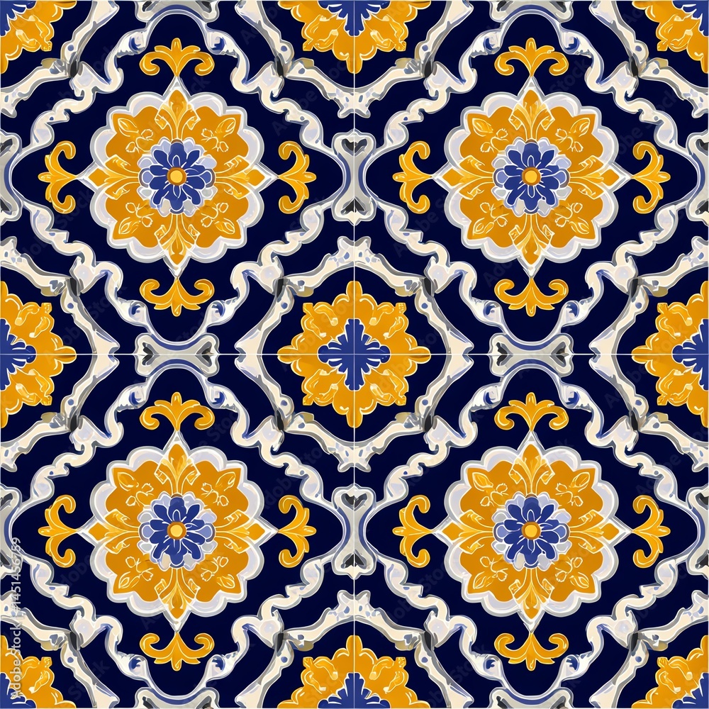 Colorful patterned textile design, intricate floral motifs on navy background.