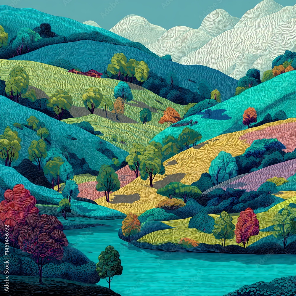 Colorful rolling hills with vibrant trees and a serene river under a clear sky.