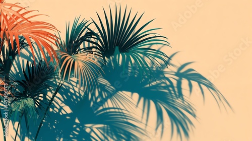 Obraz na płótnie Colorful palm leaves casting vibrant shadows on a soft orange background. w salonie