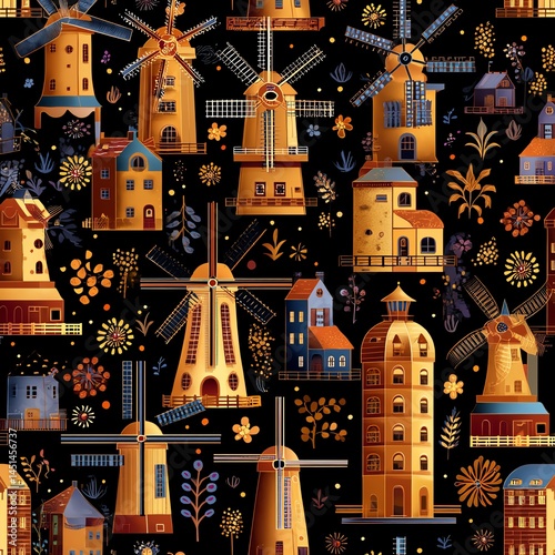 Obraz na płótnie Colorful pattern of windmills and houses on a black background. w salonie