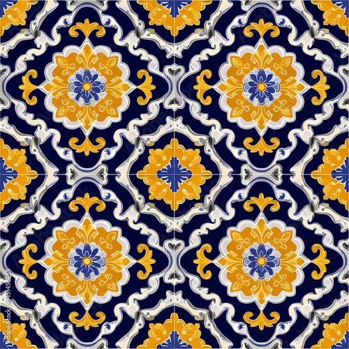 Obraz na płótnie Colorful patterned textile design, intricate floral motifs on navy background. w salonie