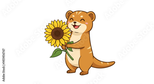 A Cheerful Cartoon Otter Rendered In A Smooth Vector Style Stands Smiling While Tenderly Holding A Bright Yellow Sunflower Against A Clean White Background Radiating Warmth And Happiness