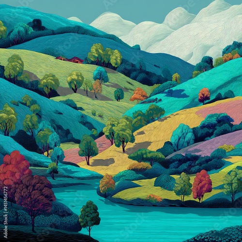 Obraz na płótnie Colorful rolling hills with vibrant trees and a serene river under a clear sky. w salonie