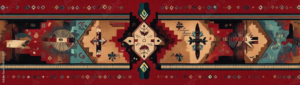 Colorful tribal pattern with geometric designs on red background.