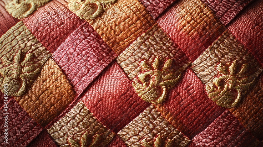Colorful woven textile pattern with intricate designs on a textured surface.