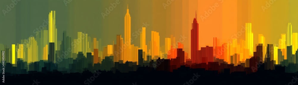 Colorful city skyline silhouette against a gradient background, digital art.