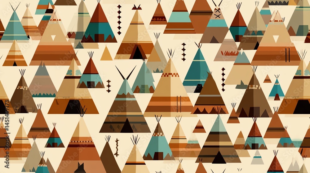 Colorful geometric pattern of teepees arranged artistically on a light background.