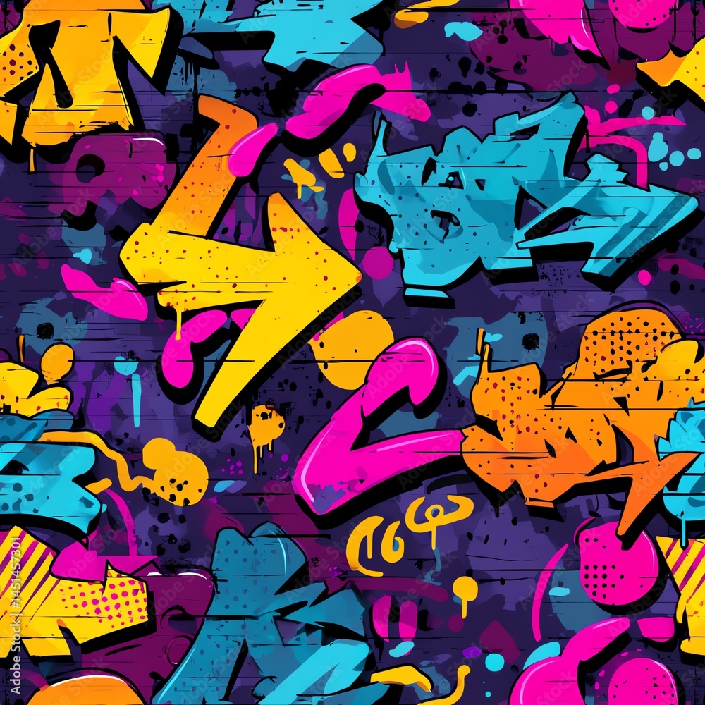 Colorful graffiti pattern with bold shapes and vibrant colors on a dark background.