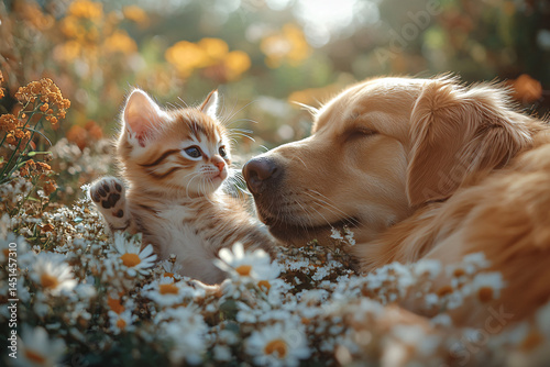 Playful calico kitten swatting a golden retriever in a wildflower field. Affectionate, cute, friendship. Ideal for pet care, veterinary, spring, Easter themes.