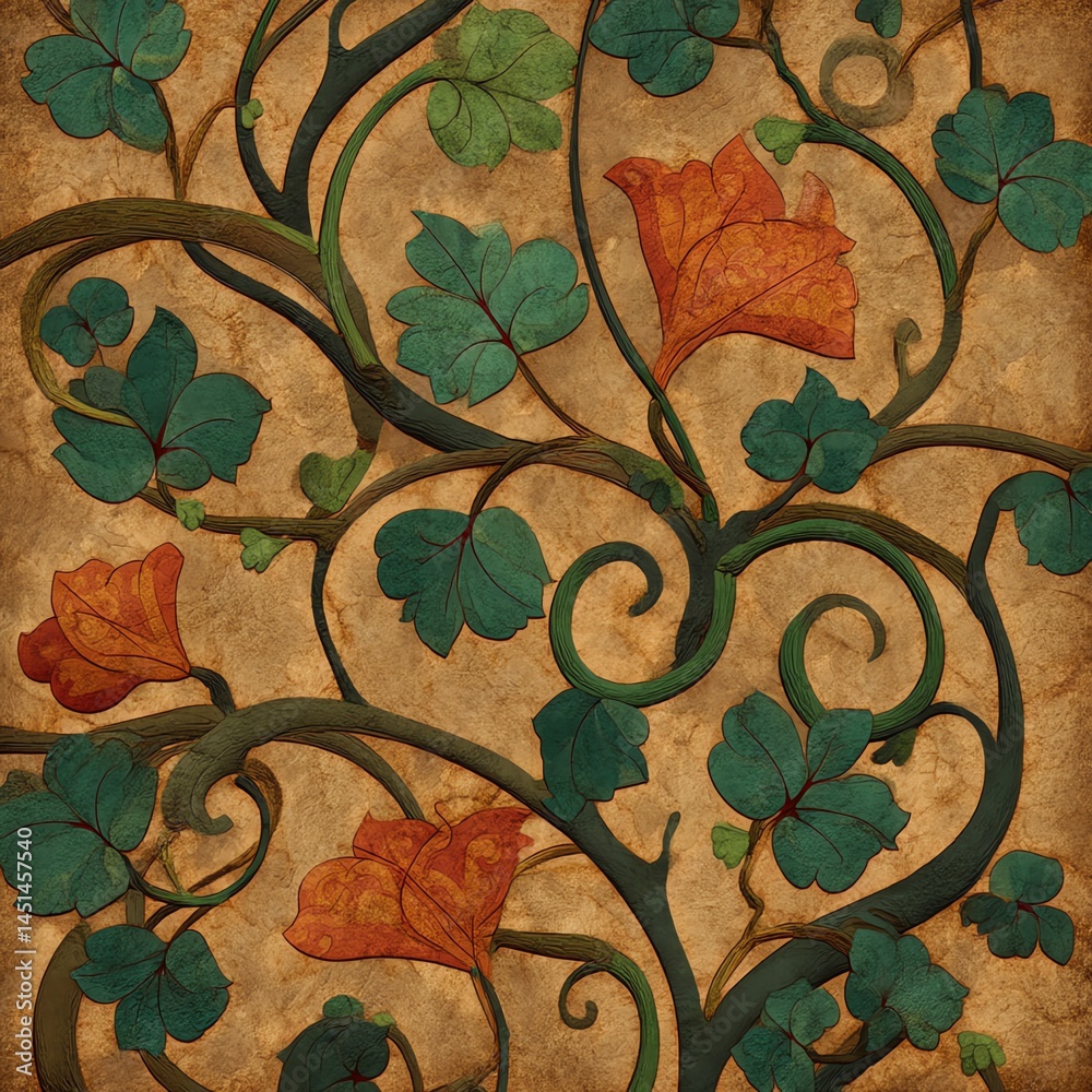 Colorful vine pattern with green leaves and orange flowers on a textured background.